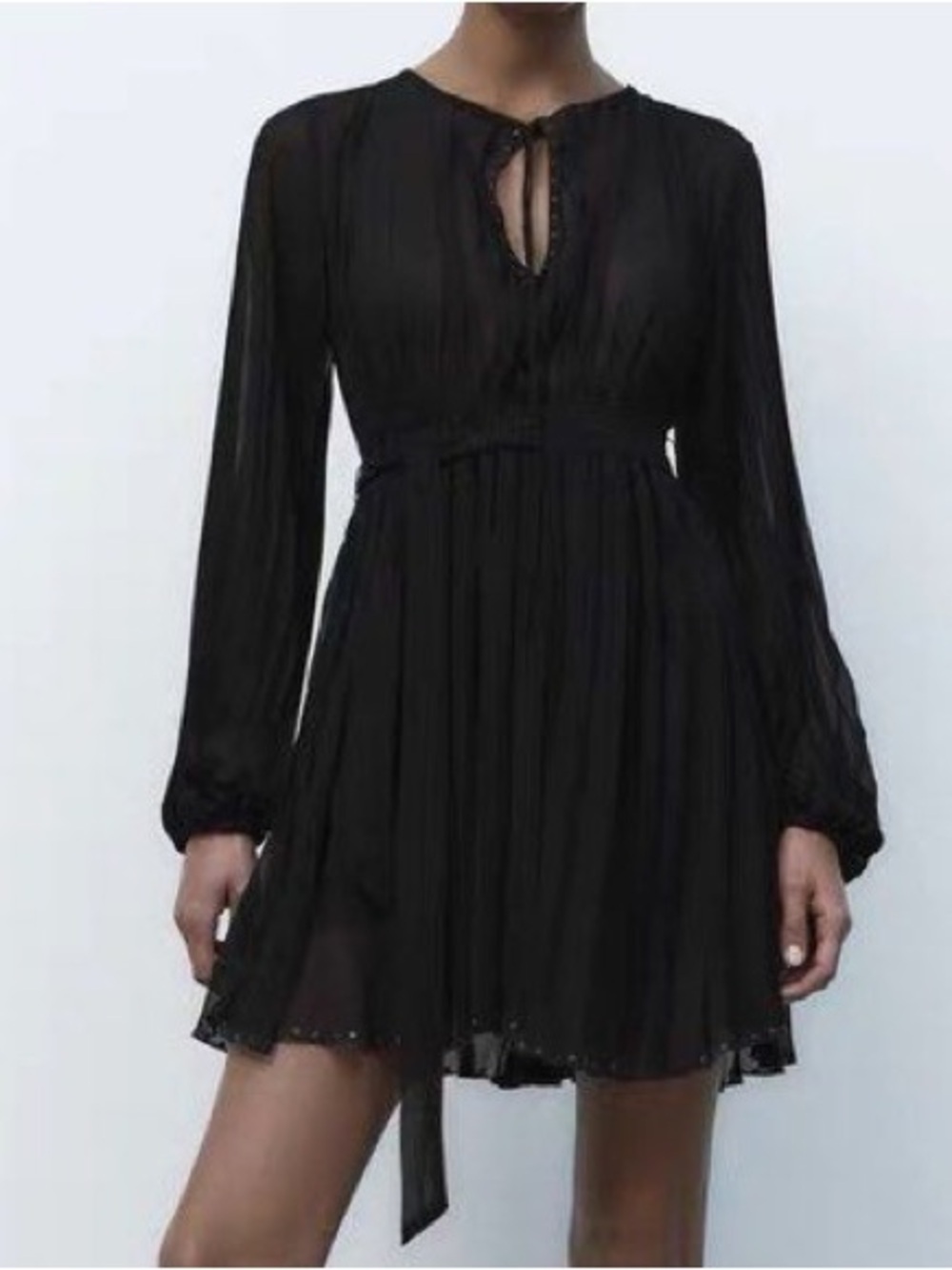 Zara Black Pleated Lace Up Long Sleeve Mini Dress XS